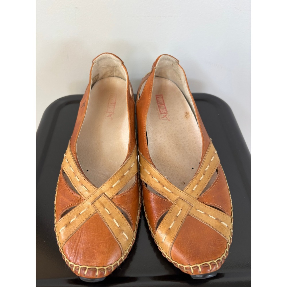 Pikolinos Leather Ballet Flats Tan Cognac Huarache Whipstitch Shoes Size 39